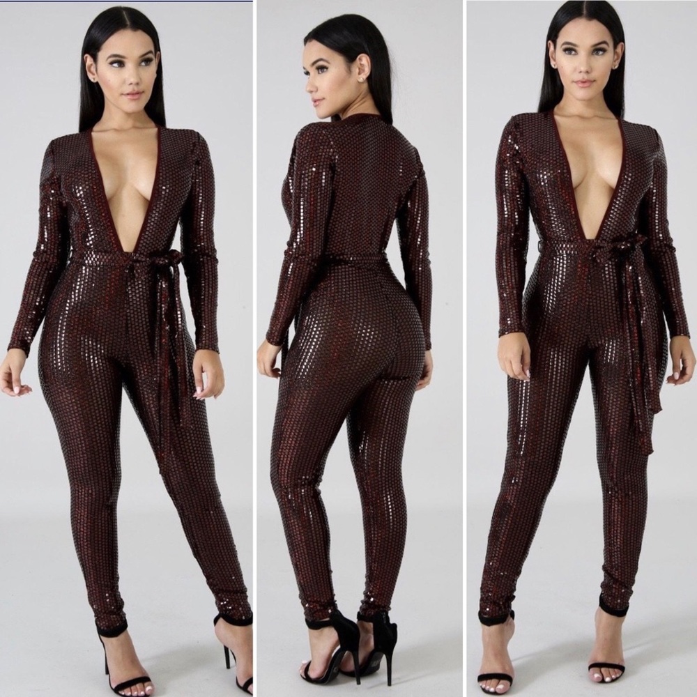 Divina Burgundy Sequin Jumpsuit